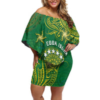 Personalised Cook Islands Family Matching Off Shoulder Short Dress and Hawaiian Shirt Hibiscus Polynesian Tribal Pattern DT05 Mom's Dress Green - Polynesian Pride