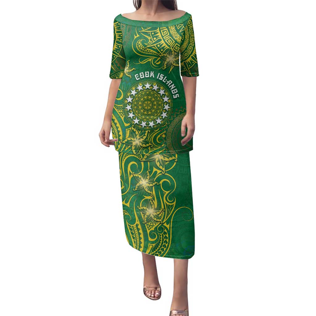 Personalised Cook Islands Family Matching Puletasi and Hawaiian Shirt Hibiscus Polynesian Tribal Pattern DT05 Mom's Dress Green - Polynesian Pride