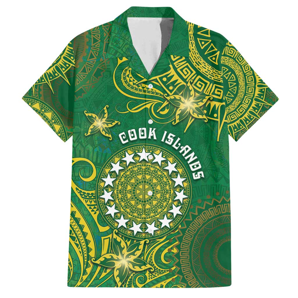 Personalised Cook Islands Family Matching Tank Maxi Dress and Hawaiian Shirt Hibiscus Polynesian Tribal Pattern DT05 Dad's Shirt - Short Sleeve Green - Polynesian Pride