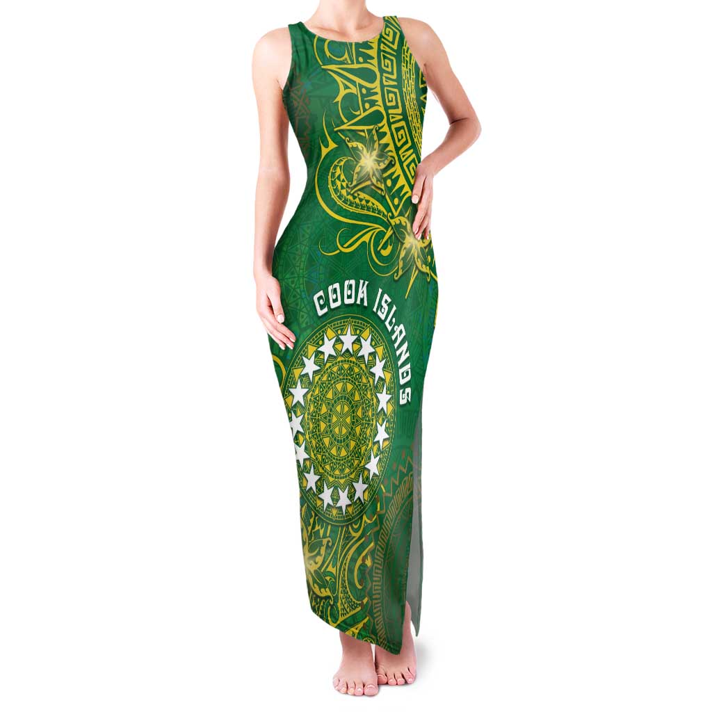Personalised Cook Islands Family Matching Tank Maxi Dress and Hawaiian Shirt Hibiscus Polynesian Tribal Pattern DT05 Mom's Dress Green - Polynesian Pride