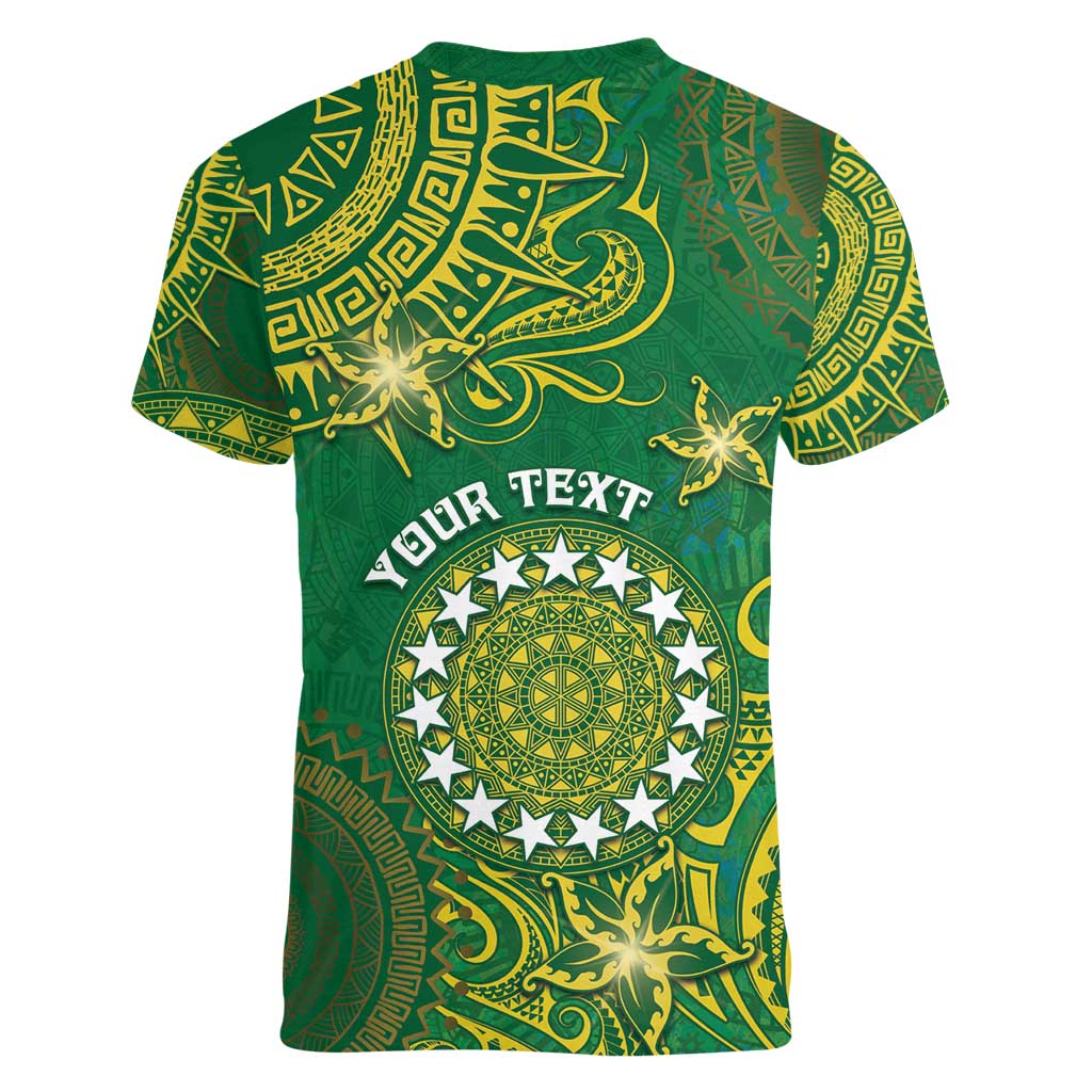 Personalised Cook Islands Women V-Neck T-Shirt Hibiscus Polynesian Tribal Pattern