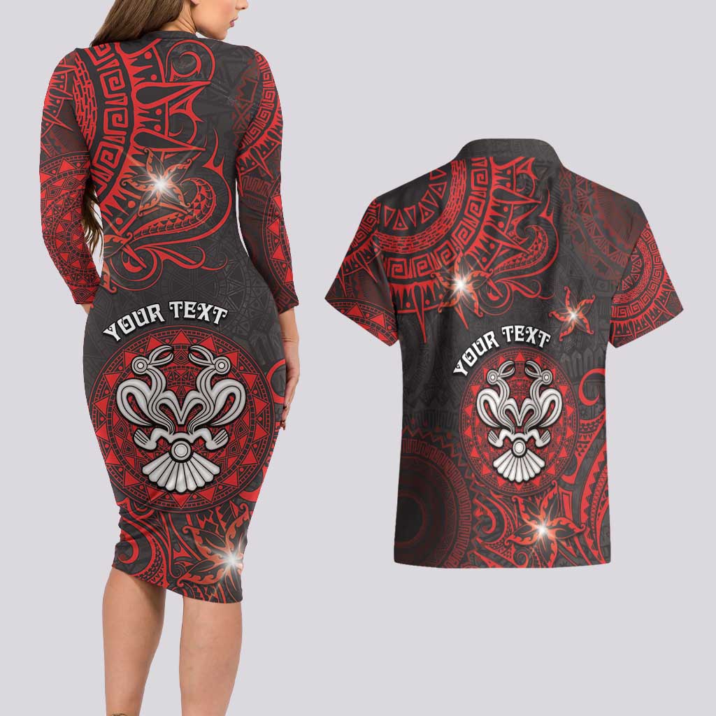 Personalised Easter Island Couples Matching Long Sleeve Bodycon Dress and Hawaiian Shirt Hibiscus Polynesian Tribal Pattern