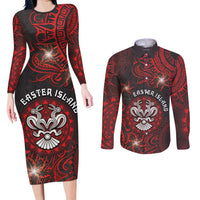Personalised Easter Island Couples Matching Long Sleeve Bodycon Dress and Long Sleeve Button Shirt Hibiscus Polynesian Tribal Pattern
