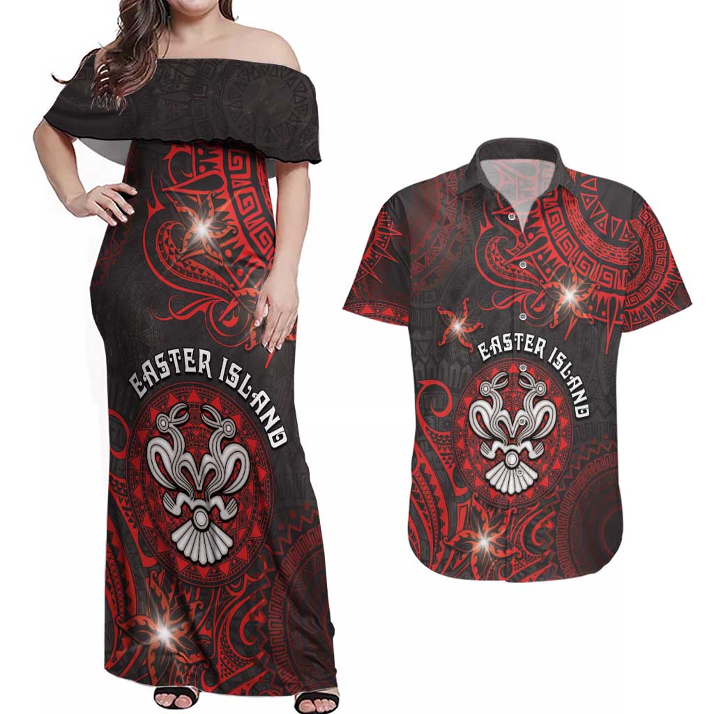 Personalised Easter Island Couples Matching Off Shoulder Maxi Dress and Hawaiian Shirt Hibiscus Polynesian Tribal Pattern