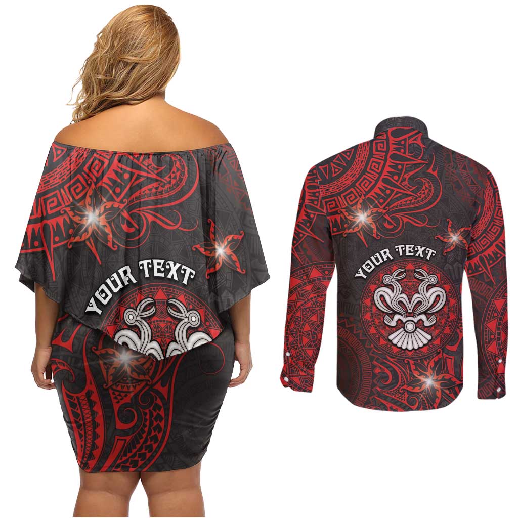 Personalised Easter Island Couples Matching Off Shoulder Short Dress and Long Sleeve Button Shirt Hibiscus Polynesian Tribal Pattern