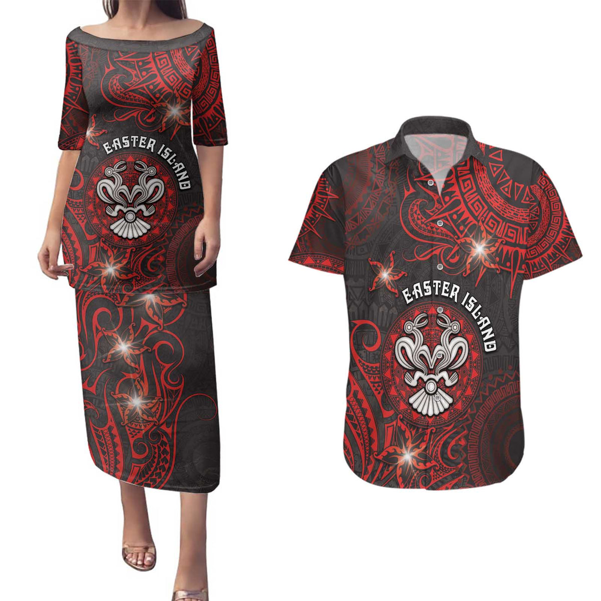Personalised Easter Island Couples Matching Puletasi and Hawaiian Shirt Hibiscus Polynesian Tribal Pattern