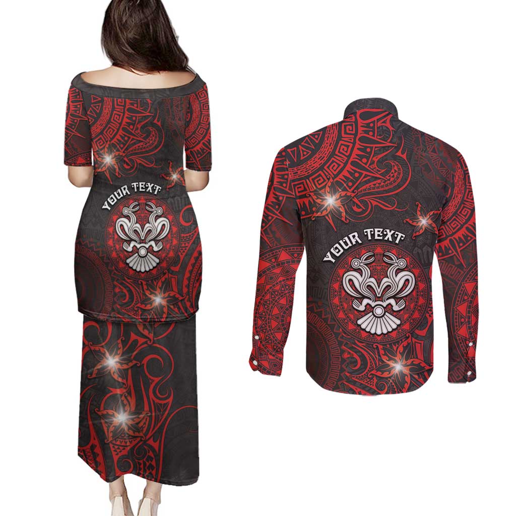 Personalised Easter Island Couples Matching Puletasi and Long Sleeve Button Shirt Hibiscus Polynesian Tribal Pattern
