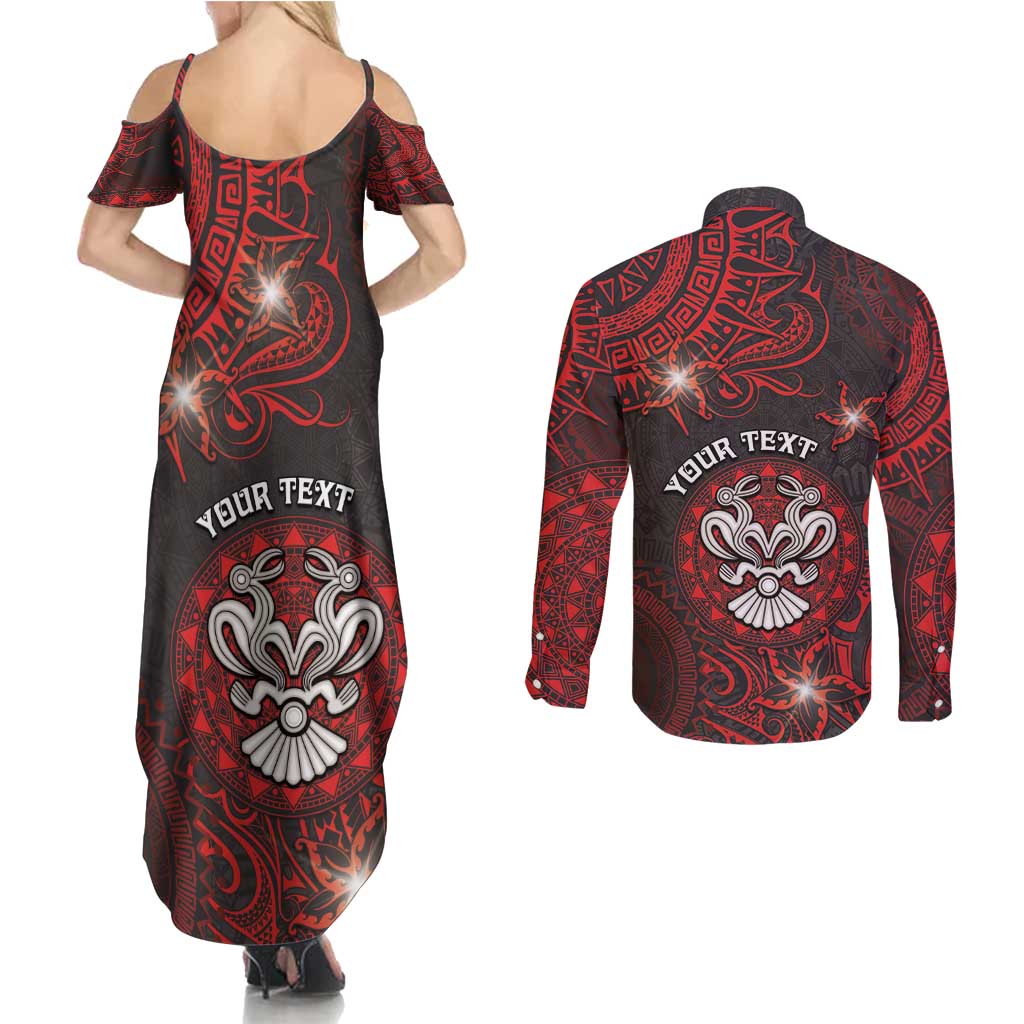Personalised Easter Island Couples Matching Summer Maxi Dress and Long Sleeve Button Shirt Hibiscus Polynesian Tribal Pattern