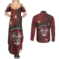 Personalised Easter Island Couples Matching Summer Maxi Dress and Long Sleeve Button Shirt Hibiscus Polynesian Tribal Pattern