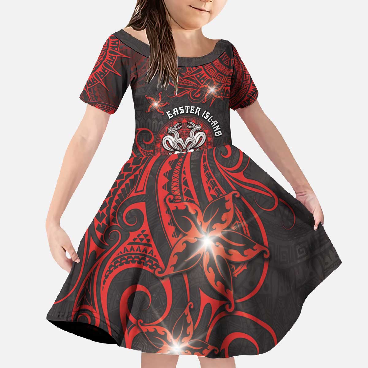 Personalised Easter Island Family Matching Off The Shoulder Long Sleeve Dress and Hawaiian Shirt Hibiscus Polynesian Tribal Pattern DT05 Daughter's Dress Black - Polynesian Pride