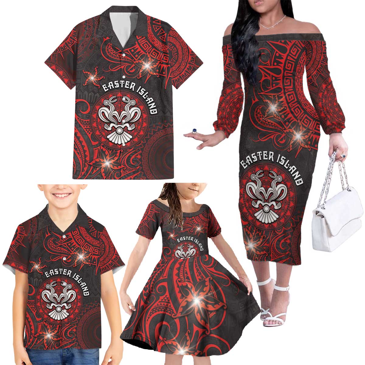 Personalised Easter Island Family Matching Off The Shoulder Long Sleeve Dress and Hawaiian Shirt Hibiscus Polynesian Tribal Pattern DT05 - Polynesian Pride