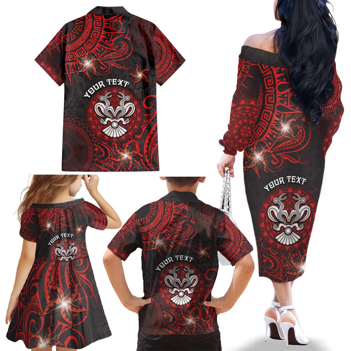 Personalised Easter Island Family Matching Off The Shoulder Long Sleeve Dress and Hawaiian Shirt Hibiscus Polynesian Tribal Pattern DT05 - Polynesian Pride