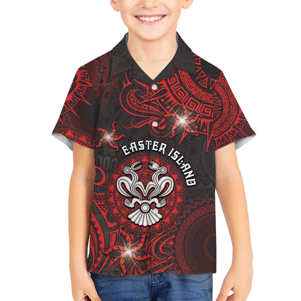 Personalised Easter Island Family Matching Off The Shoulder Long Sleeve Dress and Hawaiian Shirt Hibiscus Polynesian Tribal Pattern DT05 Son's Shirt Black - Polynesian Pride