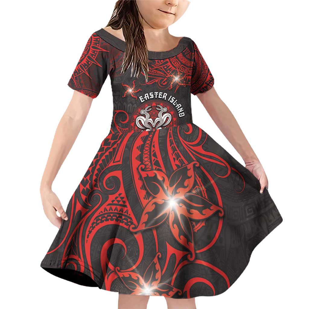 Personalised Easter Island Family Matching Off Shoulder Short Dress and Hawaiian Shirt Hibiscus Polynesian Tribal Pattern DT05 Daughter's Dress Black - Polynesian Pride