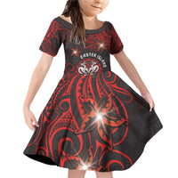 Personalised Easter Island Family Matching Off Shoulder Short Dress and Hawaiian Shirt Hibiscus Polynesian Tribal Pattern DT05 Daughter's Dress Black - Polynesian Pride