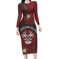Personalised Easter Island Long Sleeve Bodycon Dress Hibiscus Polynesian Tribal Pattern DT05 Long Dress Black - Polynesian Pride
