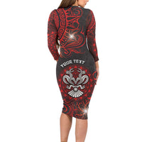 Personalised Easter Island Long Sleeve Bodycon Dress Hibiscus Polynesian Tribal Pattern DT05 - Polynesian Pride