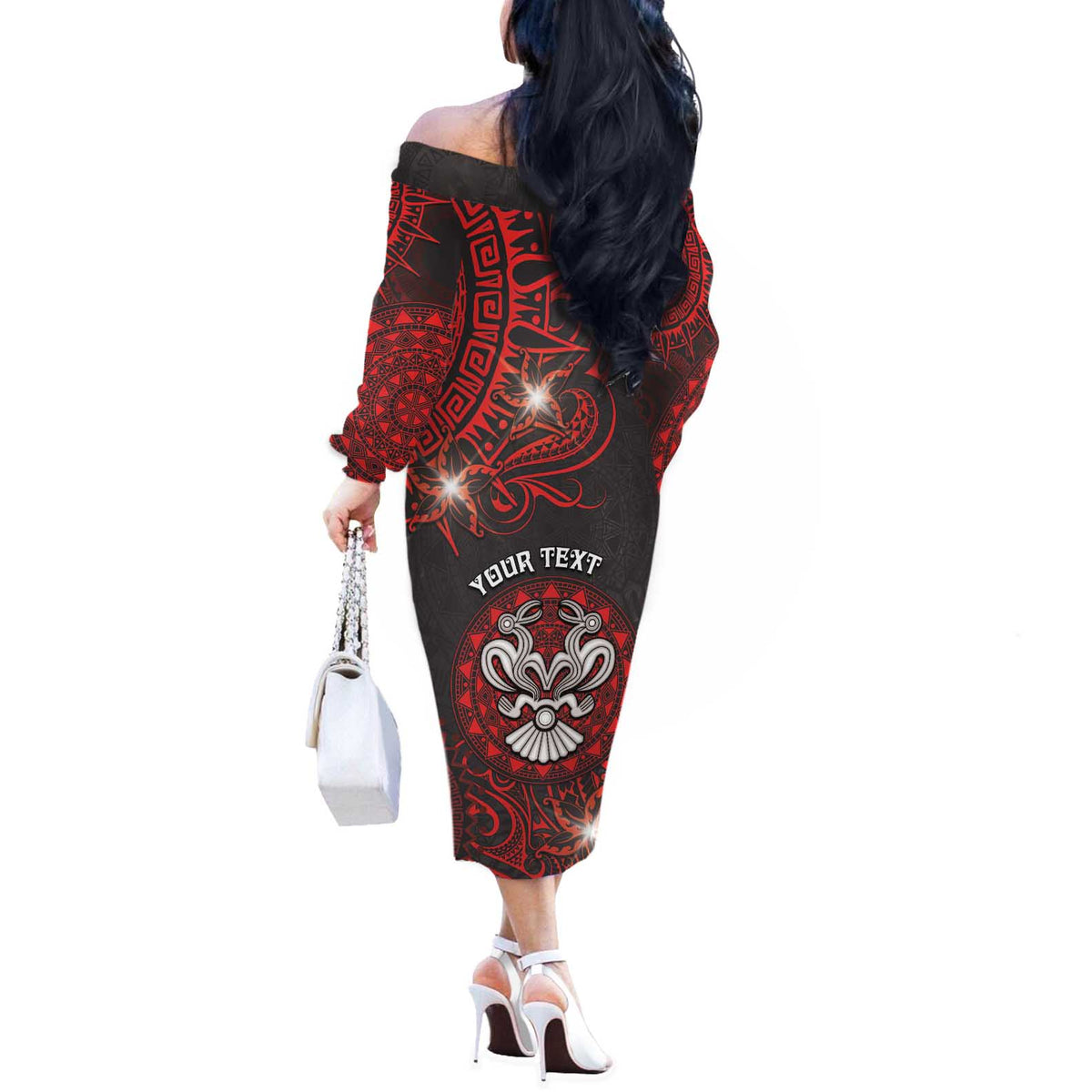 Personalised Easter Island Off The Shoulder Long Sleeve Dress Hibiscus Polynesian Tribal Pattern