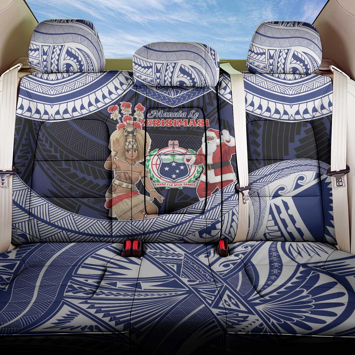 Samoa Christmas Back Car Seat Cover Samoan Siva Dance With Santa DT05 One Size Navy - Polynesian Pride