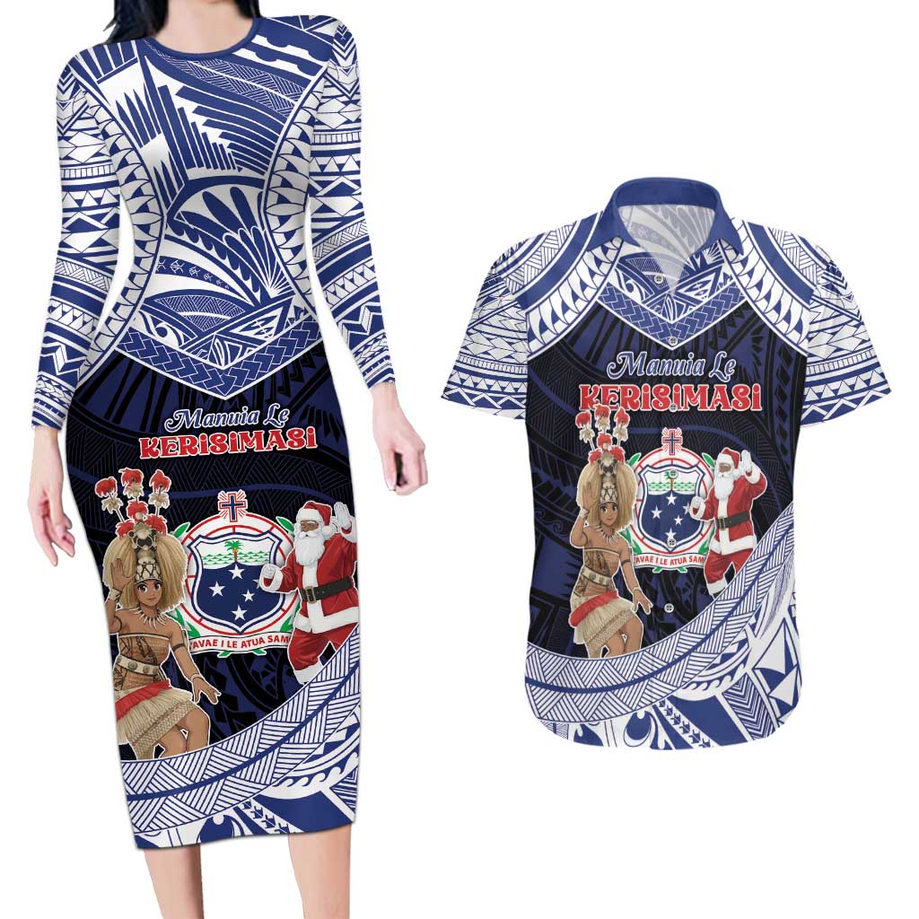 Samoa Christmas Couples Matching Long Sleeve Bodycon Dress and Hawaiian Shirt Samoan Siva Dance With Santa DT05 Navy - Polynesian Pride