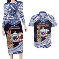 Samoa Christmas Couples Matching Long Sleeve Bodycon Dress and Hawaiian Shirt Samoan Siva Dance With Santa DT05 Navy - Polynesian Pride