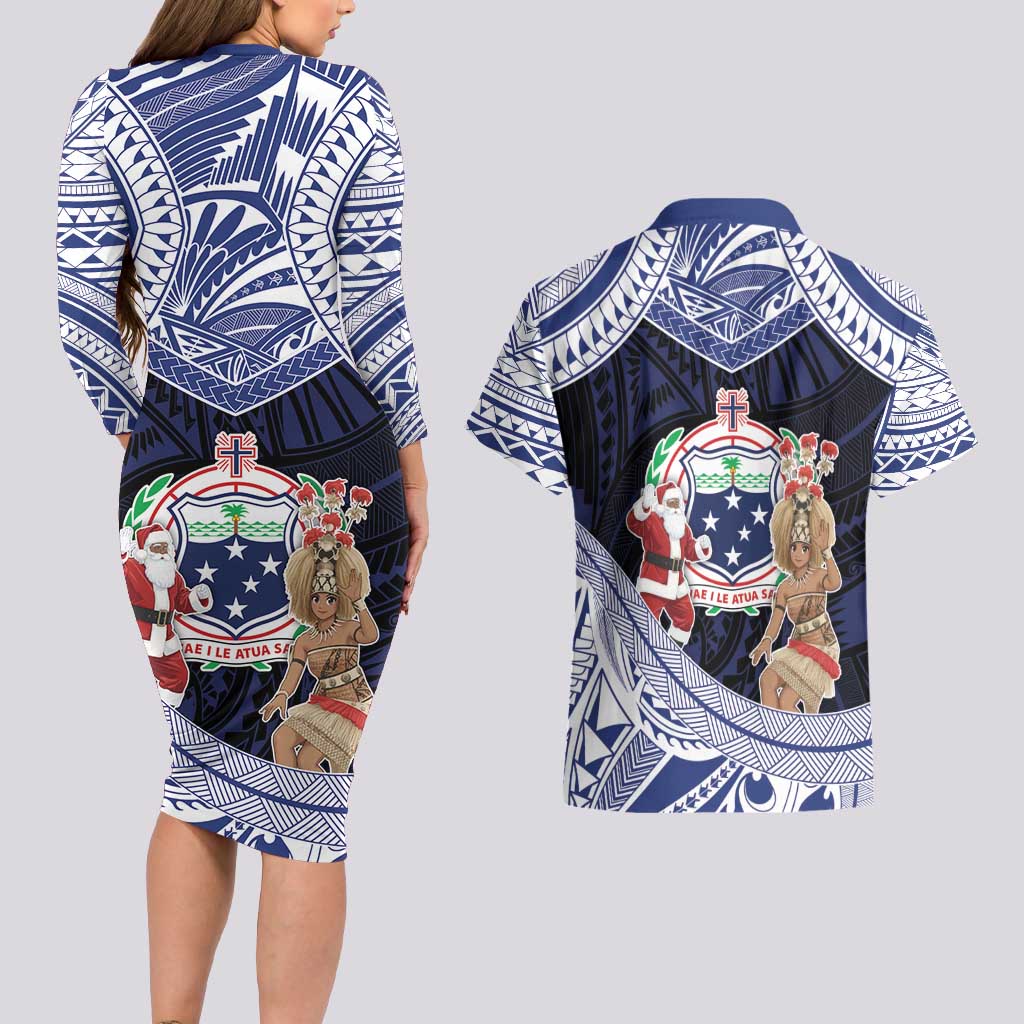 Samoa Christmas Couples Matching Long Sleeve Bodycon Dress and Hawaiian Shirt Samoan Siva Dance With Santa DT05 - Polynesian Pride