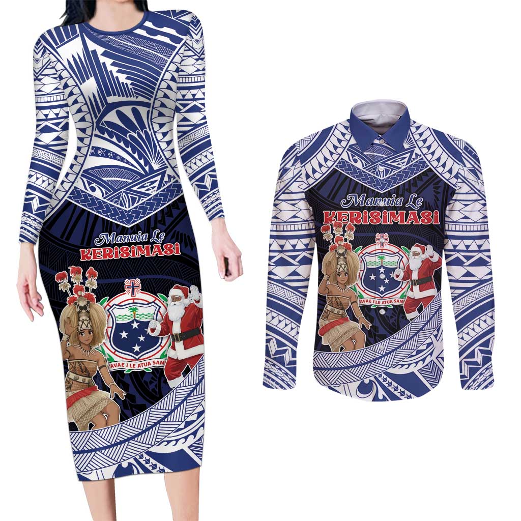 Samoa Christmas Couples Matching Long Sleeve Bodycon Dress and Long Sleeve Button Shirt Samoan Siva Dance With Santa DT05 Navy - Polynesian Pride