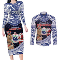 Samoa Christmas Couples Matching Long Sleeve Bodycon Dress and Long Sleeve Button Shirt Samoan Siva Dance With Santa DT05 Navy - Polynesian Pride