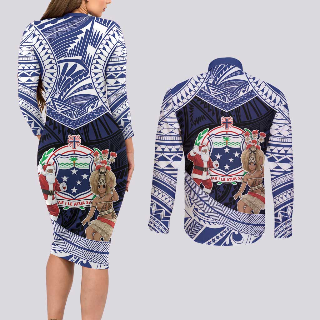 Samoa Christmas Couples Matching Long Sleeve Bodycon Dress and Long Sleeve Button Shirt Samoan Siva Dance With Santa DT05 - Polynesian Pride