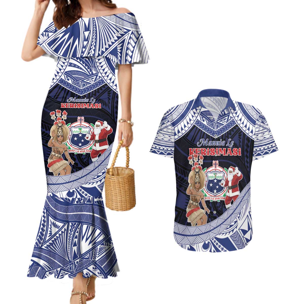 Samoa Christmas Couples Matching Mermaid Dress and Hawaiian Shirt Samoan Siva Dance With Santa DT05 Navy - Polynesian Pride