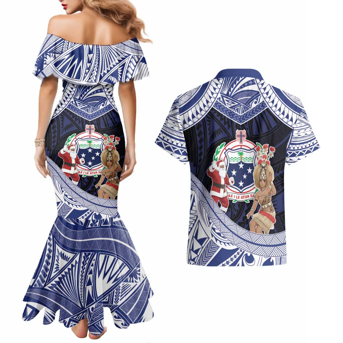Samoa Christmas Couples Matching Mermaid Dress and Hawaiian Shirt Samoan Siva Dance With Santa DT05 - Polynesian Pride