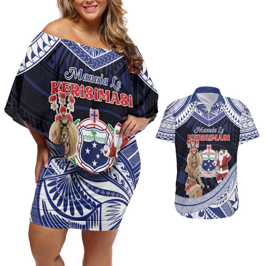Samoa Christmas Couples Matching Off Shoulder Short Dress and Hawaiian Shirt Samoan Siva Dance With Santa DT05 Navy - Polynesian Pride