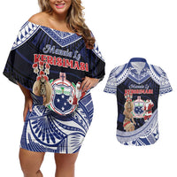 Samoa Christmas Couples Matching Off Shoulder Short Dress and Hawaiian Shirt Samoan Siva Dance With Santa DT05 Navy - Polynesian Pride