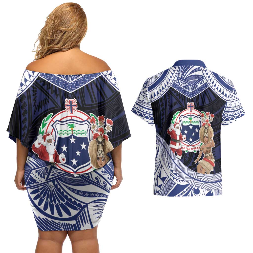 Samoa Christmas Couples Matching Off Shoulder Short Dress and Hawaiian Shirt Samoan Siva Dance With Santa DT05 - Polynesian Pride
