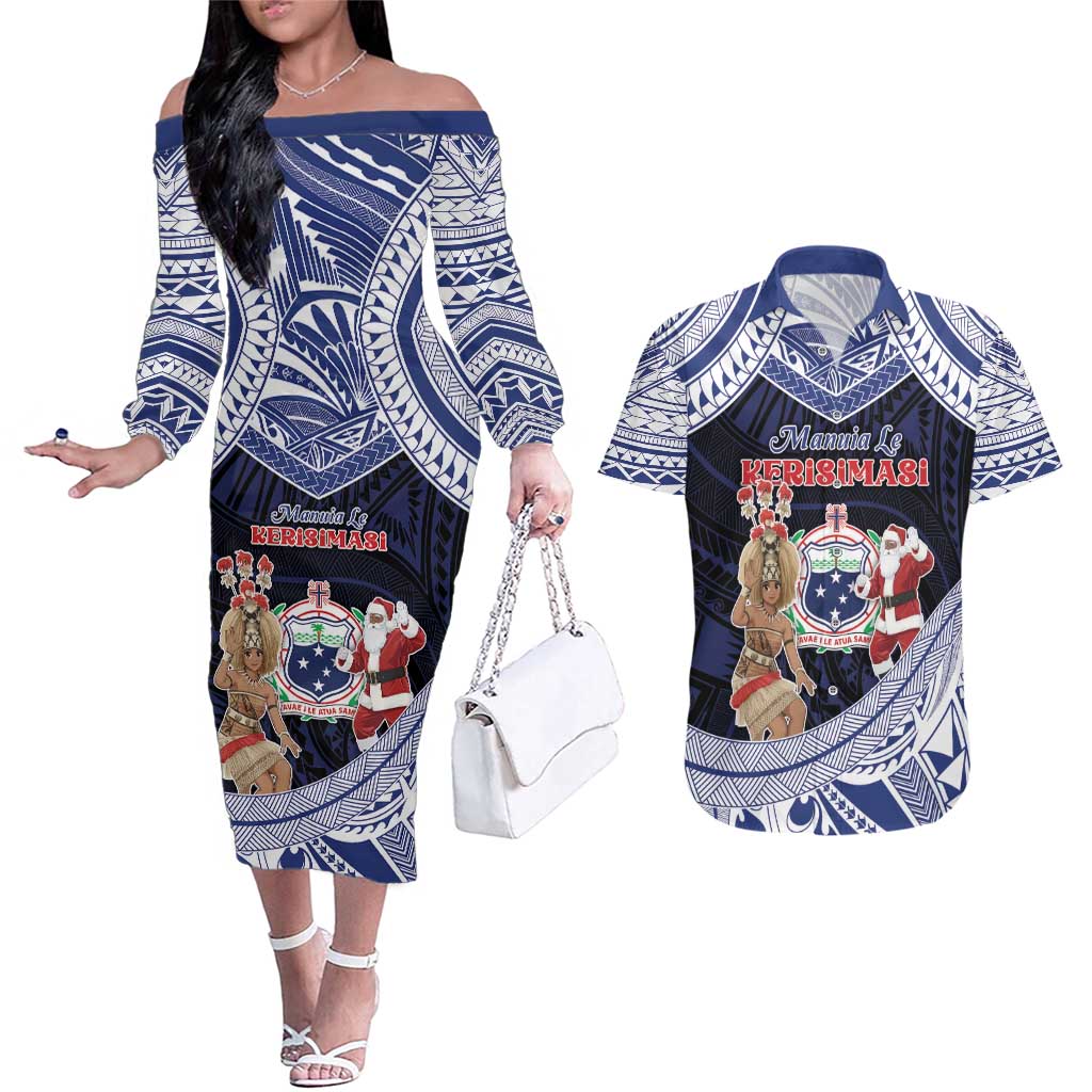 Samoa Christmas Couples Matching Off The Shoulder Long Sleeve Dress and Hawaiian Shirt Samoan Siva Dance With Santa DT05 Navy - Polynesian Pride