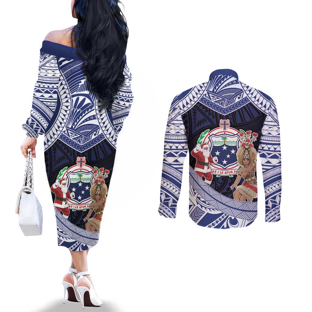 Samoa Christmas Couples Matching Off The Shoulder Long Sleeve Dress and Long Sleeve Button Shirt Samoan Siva Dance With Santa DT05 - Polynesian Pride