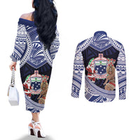 Samoa Christmas Couples Matching Off The Shoulder Long Sleeve Dress and Long Sleeve Button Shirt Samoan Siva Dance With Santa DT05 - Polynesian Pride