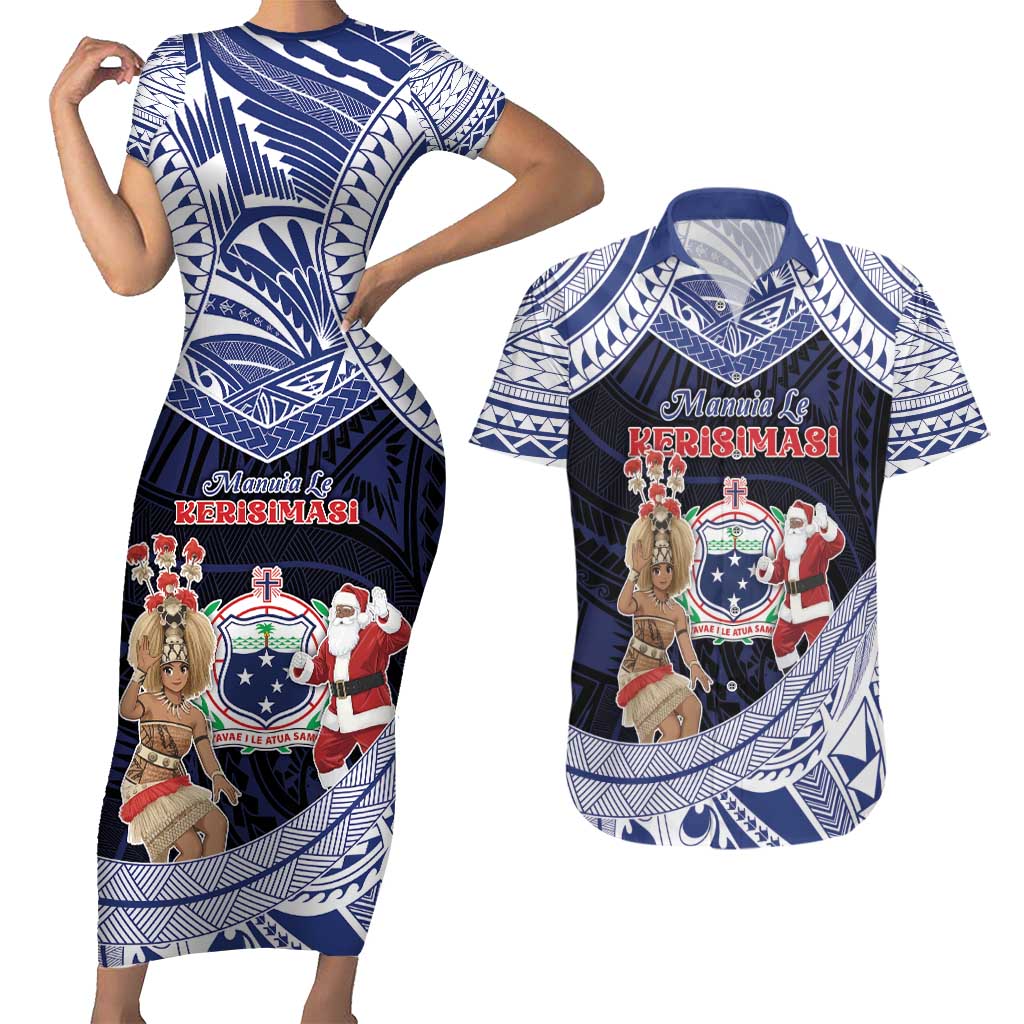 Samoa Christmas Couples Matching Short Sleeve Bodycon Dress and Hawaiian Shirt Samoan Siva Dance With Santa DT05 Navy - Polynesian Pride