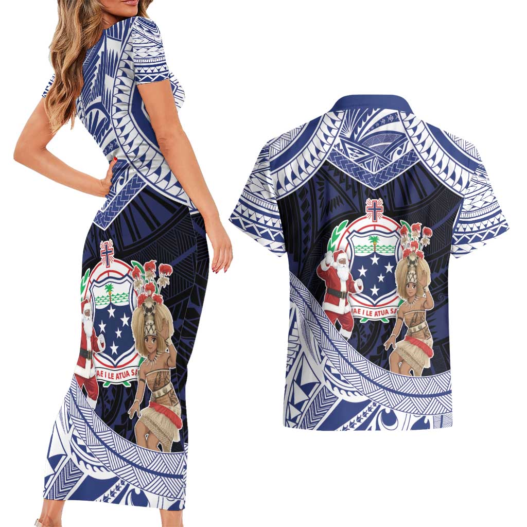 Samoa Christmas Couples Matching Short Sleeve Bodycon Dress and Hawaiian Shirt Samoan Siva Dance With Santa DT05 - Polynesian Pride