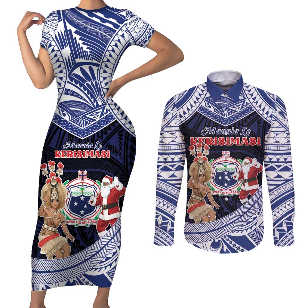 Samoa Christmas Couples Matching Short Sleeve Bodycon Dress and Long Sleeve Button Shirt Samoan Siva Dance With Santa DT05 Navy - Polynesian Pride