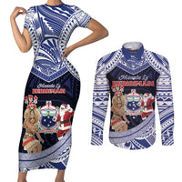 Samoa Christmas Couples Matching Short Sleeve Bodycon Dress and Long Sleeve Button Shirt Samoan Siva Dance With Santa DT05 Navy - Polynesian Pride