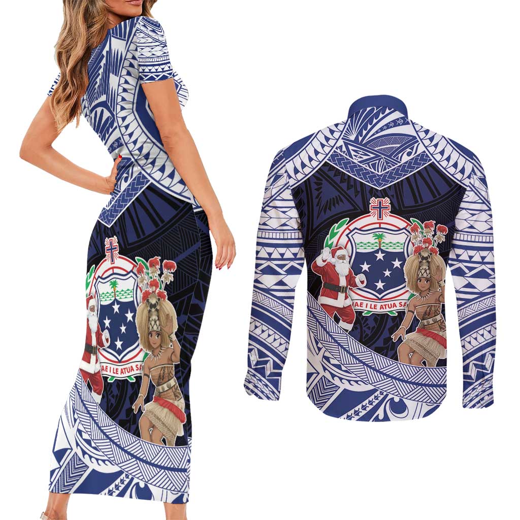 Samoa Christmas Couples Matching Short Sleeve Bodycon Dress and Long Sleeve Button Shirt Samoan Siva Dance With Santa DT05 - Polynesian Pride