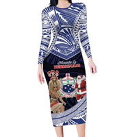 Samoa Christmas Family Matching Long Sleeve Bodycon Dress and Hawaiian Shirt Samoan Siva Dance With Santa DT05 Mom's Dress Navy - Polynesian Pride