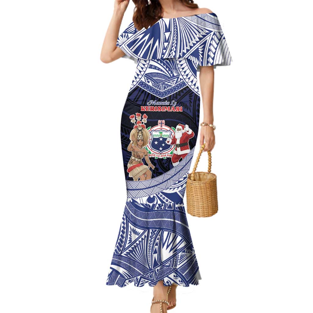 Samoa Christmas Family Matching Mermaid Dress and Hawaiian Shirt Samoan Siva Dance With Santa DT05 Mom's Dress Navy - Polynesian Pride