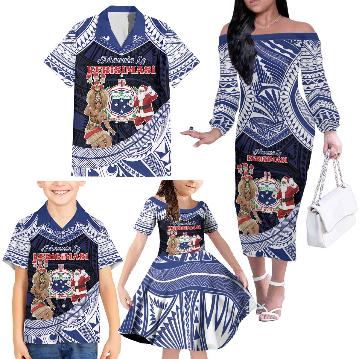 Samoa Christmas Family Matching Off The Shoulder Long Sleeve Dress and Hawaiian Shirt Samoan Siva Dance With Santa DT05 - Polynesian Pride