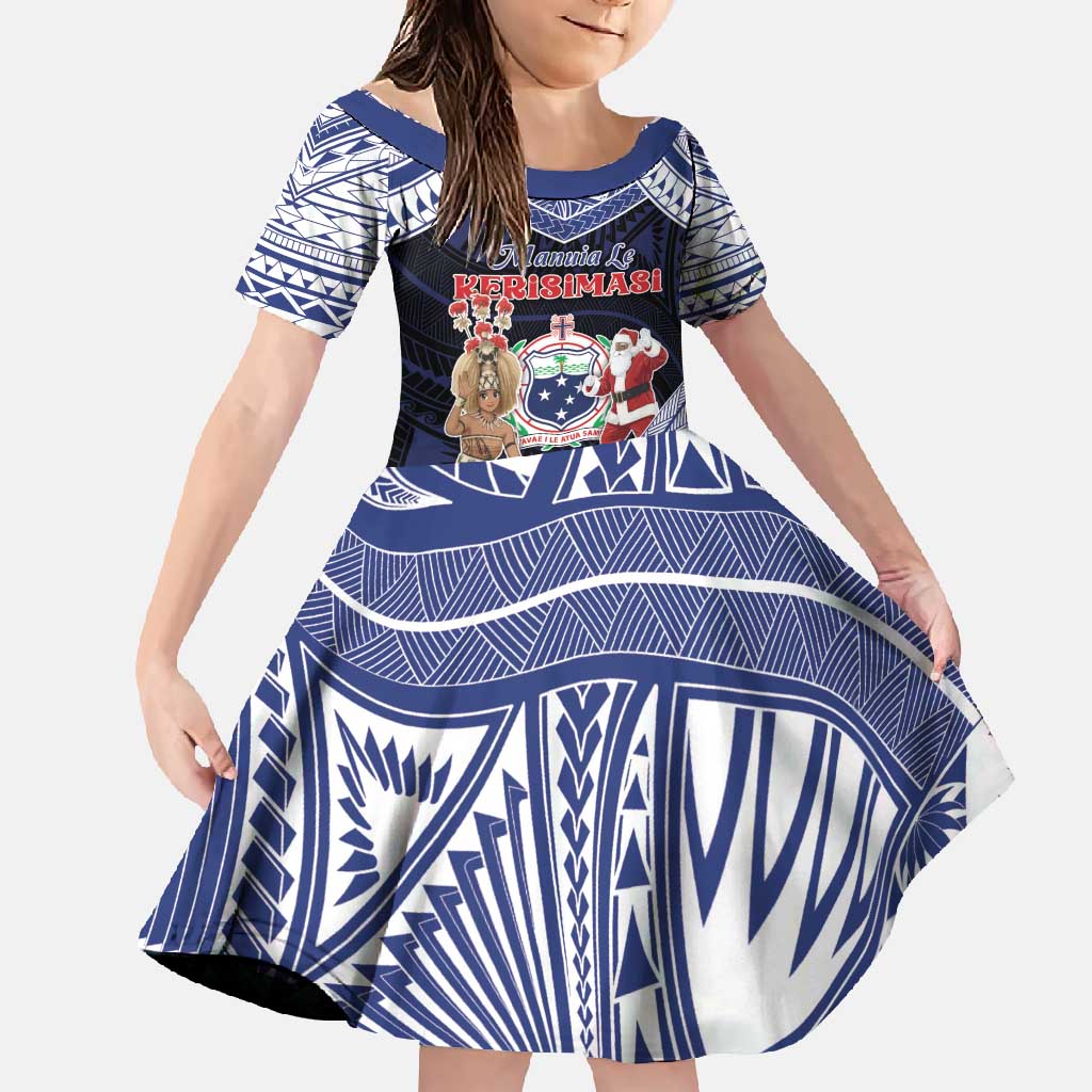 Samoa Christmas Family Matching Off Shoulder Maxi Dress and Hawaiian Shirt Samoan Siva Dance With Santa DT05 Daughter's Dress Navy - Polynesian Pride