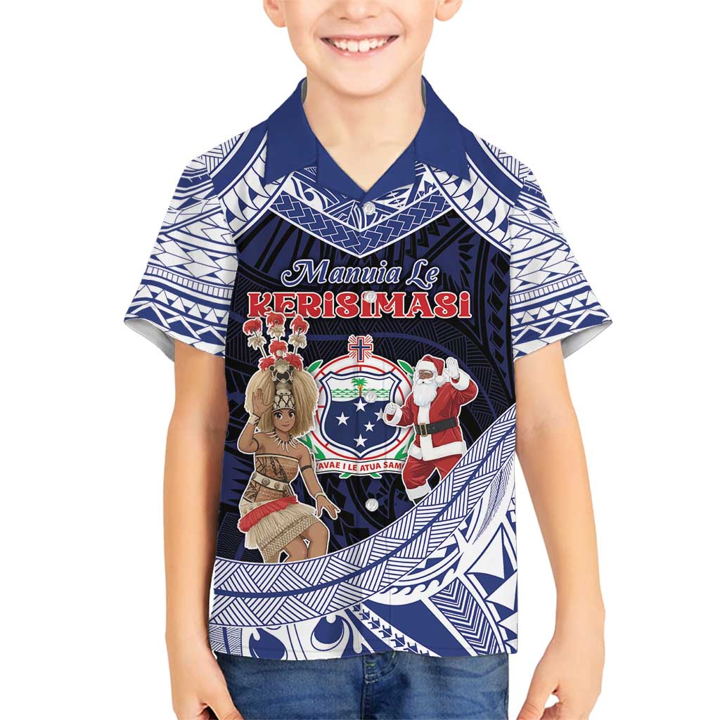 Samoa Christmas Family Matching Off Shoulder Maxi Dress and Hawaiian Shirt Samoan Siva Dance With Santa DT05 Son's Shirt Navy - Polynesian Pride