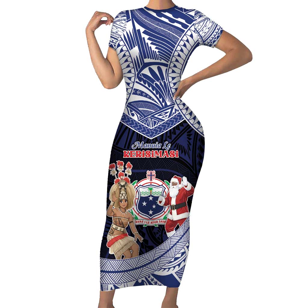 Samoa Christmas Family Matching Short Sleeve Bodycon Dress and Hawaiian Shirt Samoan Siva Dance With Santa DT05 Mom's Dress Navy - Polynesian Pride