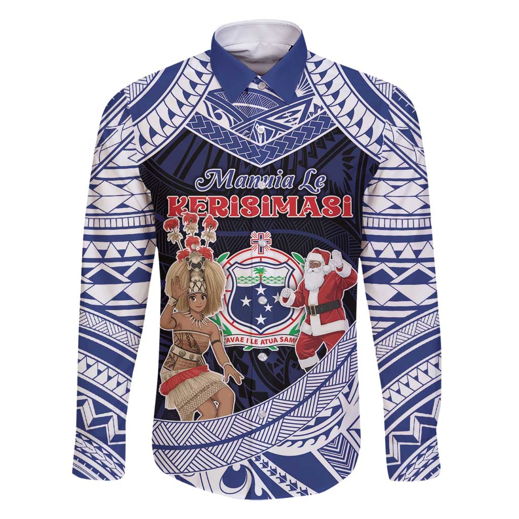 Samoa Christmas Family Matching Summer Maxi Dress and Hawaiian Shirt Samoan Siva Dance With Santa DT05 Dad's Shirt - Long Sleeve Navy - Polynesian Pride