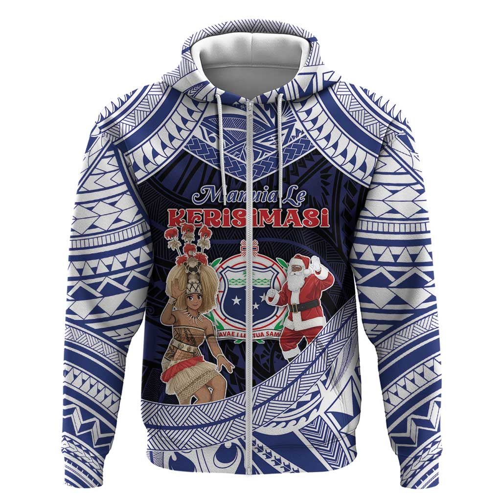 Samoa Christmas Hoodie Samoan Siva Dance With Santa DT05 Zip Hoodie Navy - Polynesian Pride